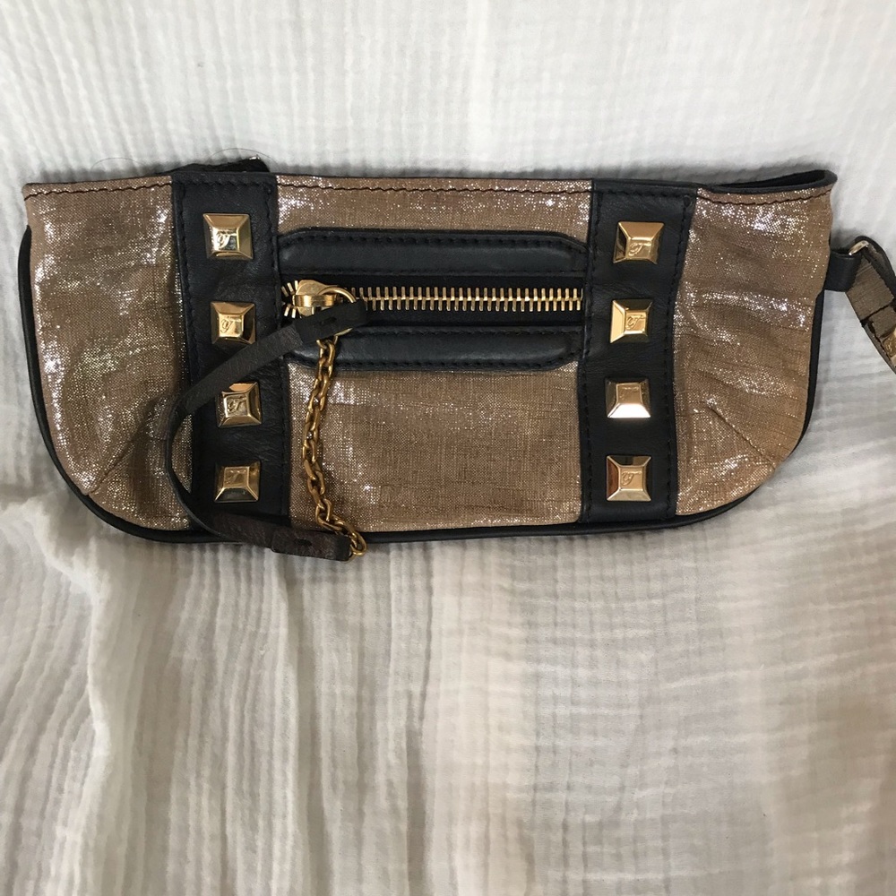 Temperley London Gold Fabric & Black Leather Clutch Bag Gold Tone Hardware